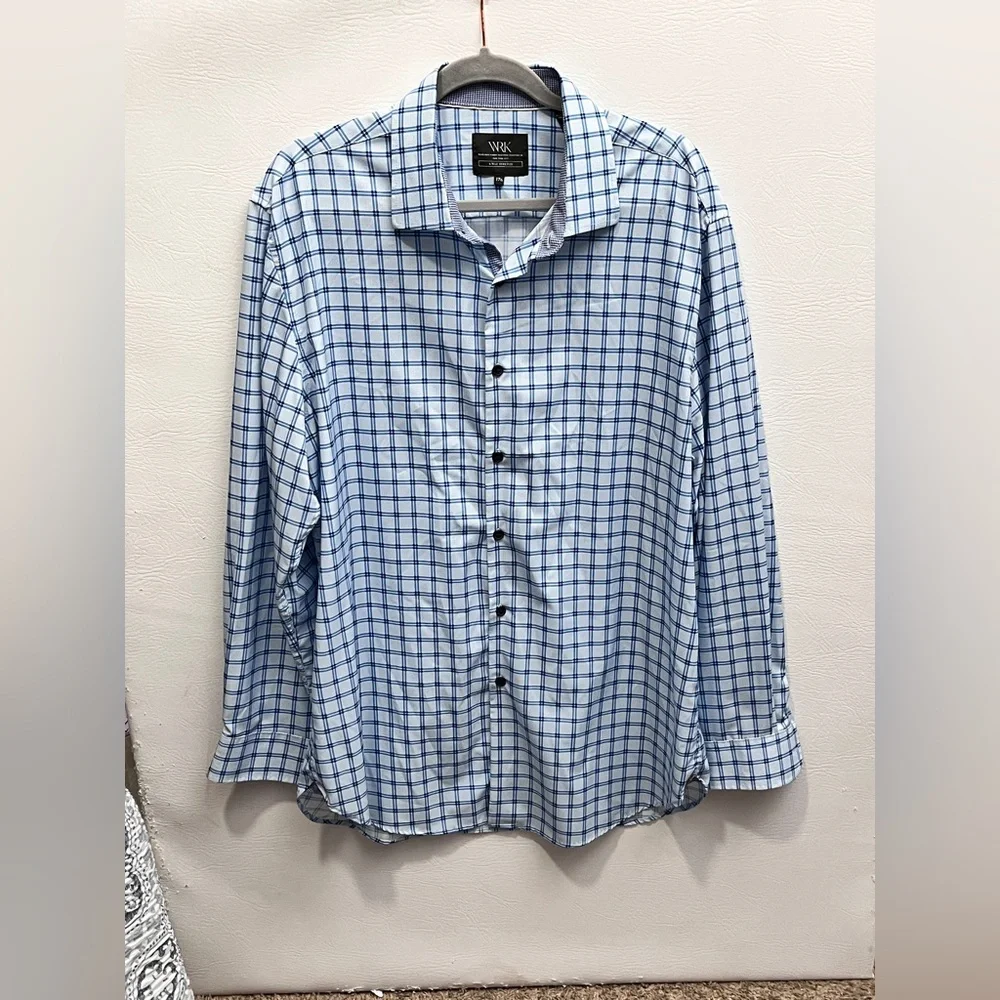WRK Wrinkle Free Men's Blue Checkered Button Up Shirt sz 17.5